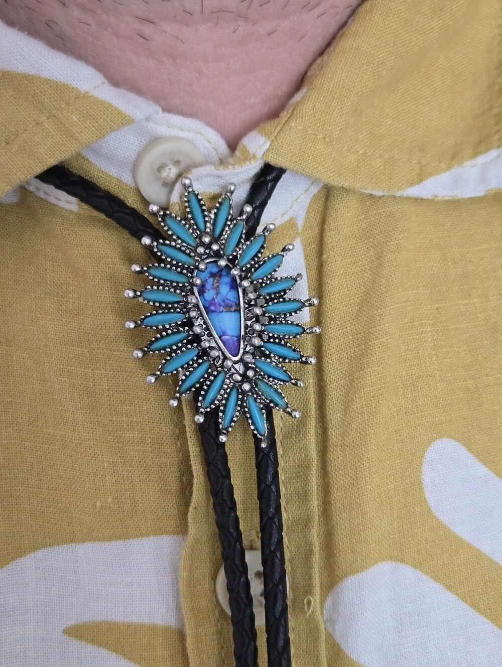 Silver Faux Turquoise Western Bolo Tie Leather Braid Rockstar 70s Aesthetic